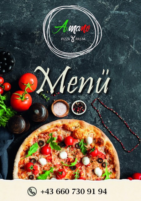 Titelseite Menü Amano. Oben befindet sich das Amano Logo und darunter ist eine Pizza, Tomaten, Salz und Pfeffer